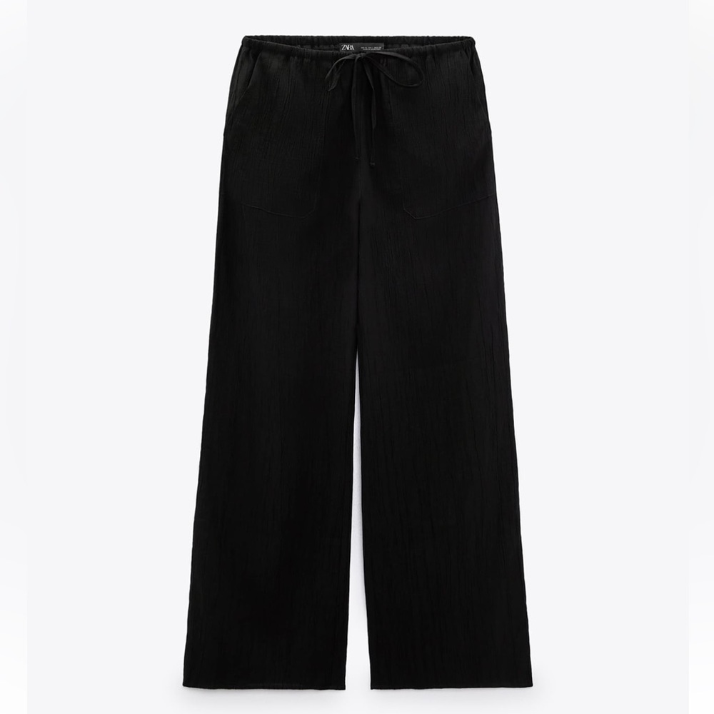 Zara Black Full Length Mid rise Pants elastic waistband drawstring size XS NWT